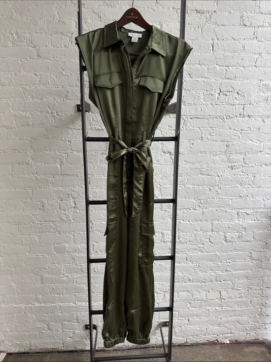 Rachel Zoe Pants - Rachel Zoe Olive Green Satin Utility Jumpsuit with Tie Waist